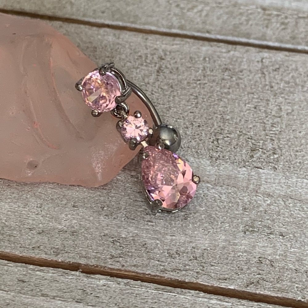 PINK TEAR DROP REVERSE DANGLE NAVEL RING 16 GAUGE BELLY BUTTON RING